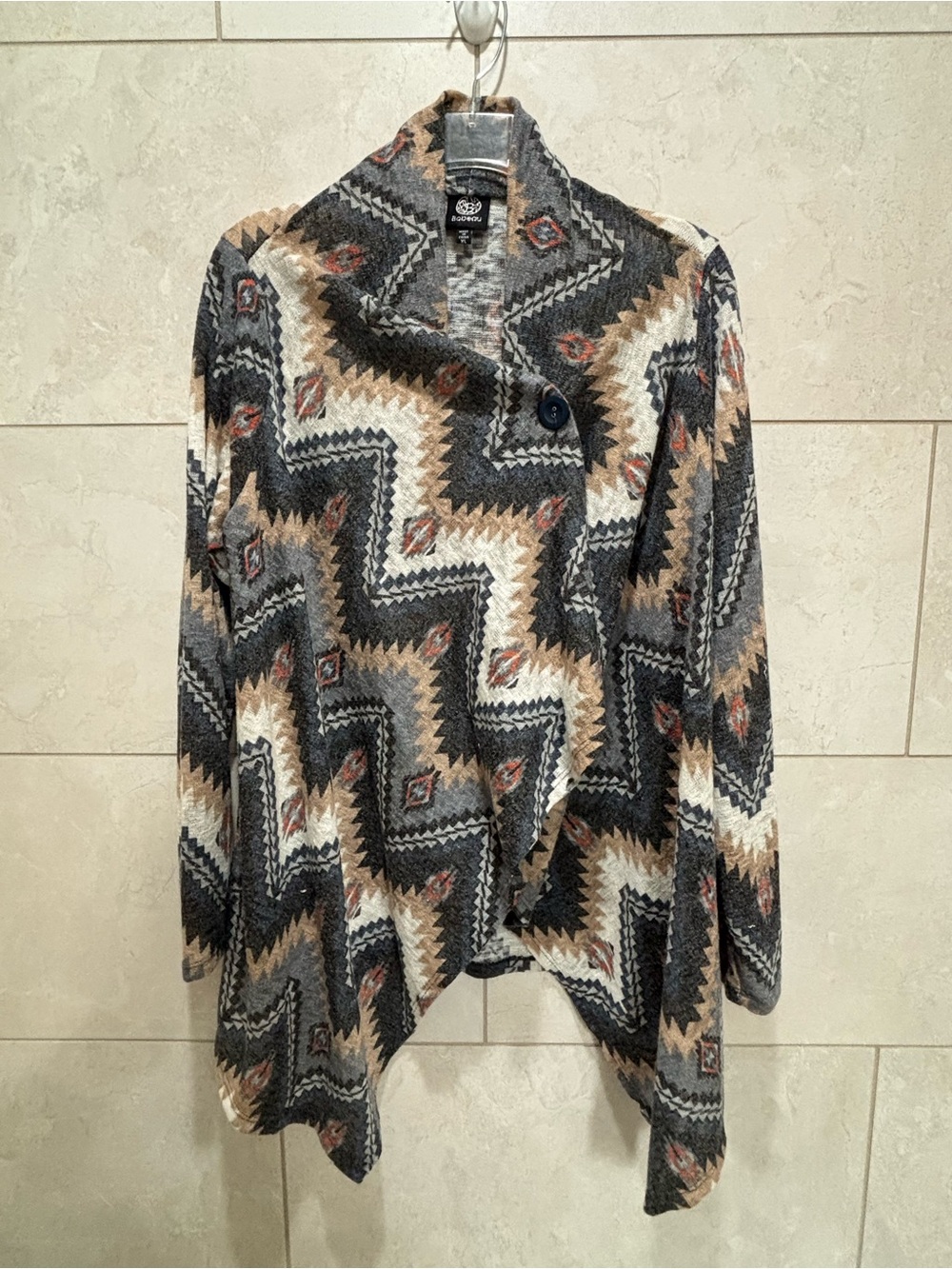 bobeau Zigzag Chevron Drape Cardigan - Gray, Cream, Brown & Rust